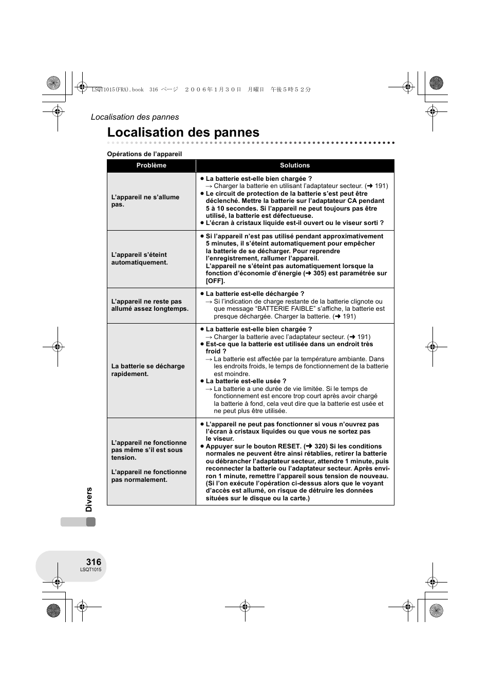 Localisation des pannes | Panasonic VDRD250EG User Manual | Page 316 / 336