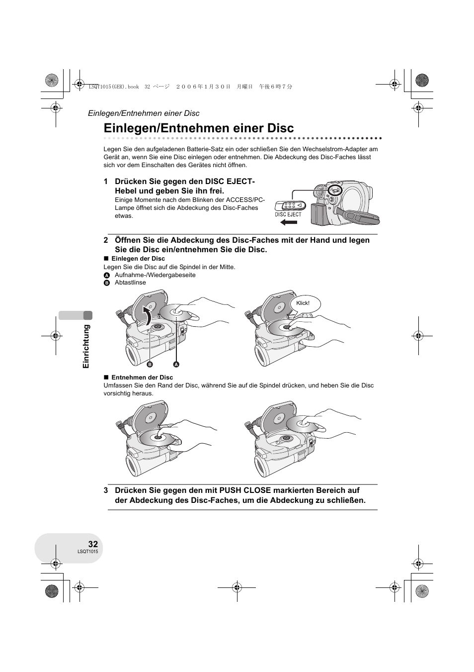 Einlegen/entnehmen einer disc | Panasonic VDRD250EG User Manual | Page 32 / 336