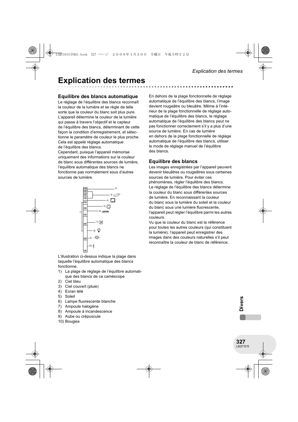 Explication des termes, Explication des termes di ver s, Equilibre des blancs automatique | Equilibre des blancs | Panasonic VDRD250EG User Manual | Page 327 / 336