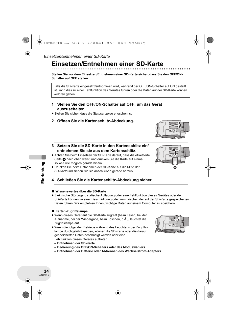 Einsetzen/entnehmen einer sd-karte | Panasonic VDRD250EG User Manual | Page 34 / 336