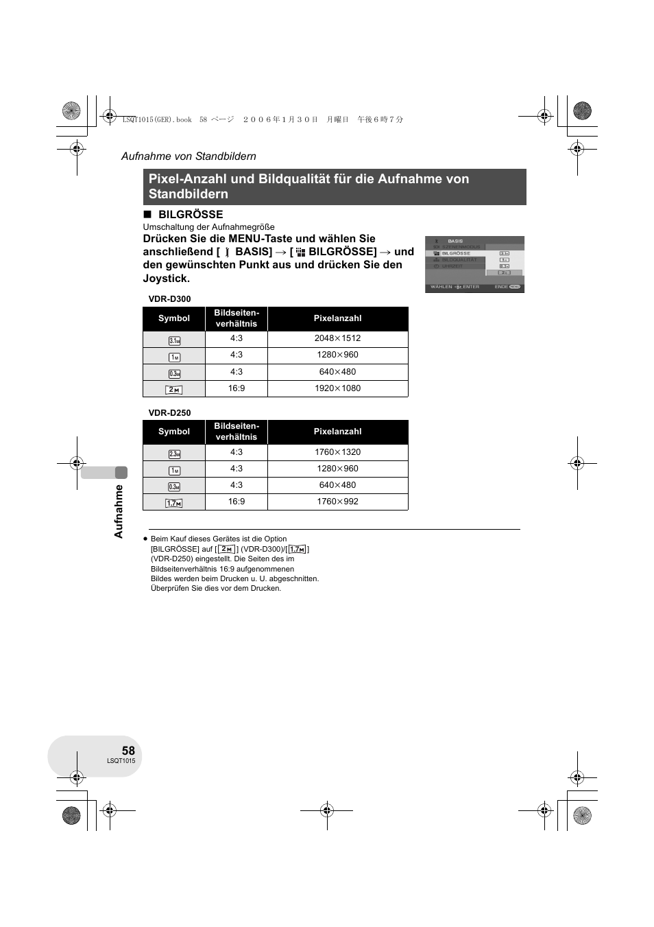 Aufnahme aufnahme von standbildern, Bilgrösse | Panasonic VDRD250EG User Manual | Page 58 / 336