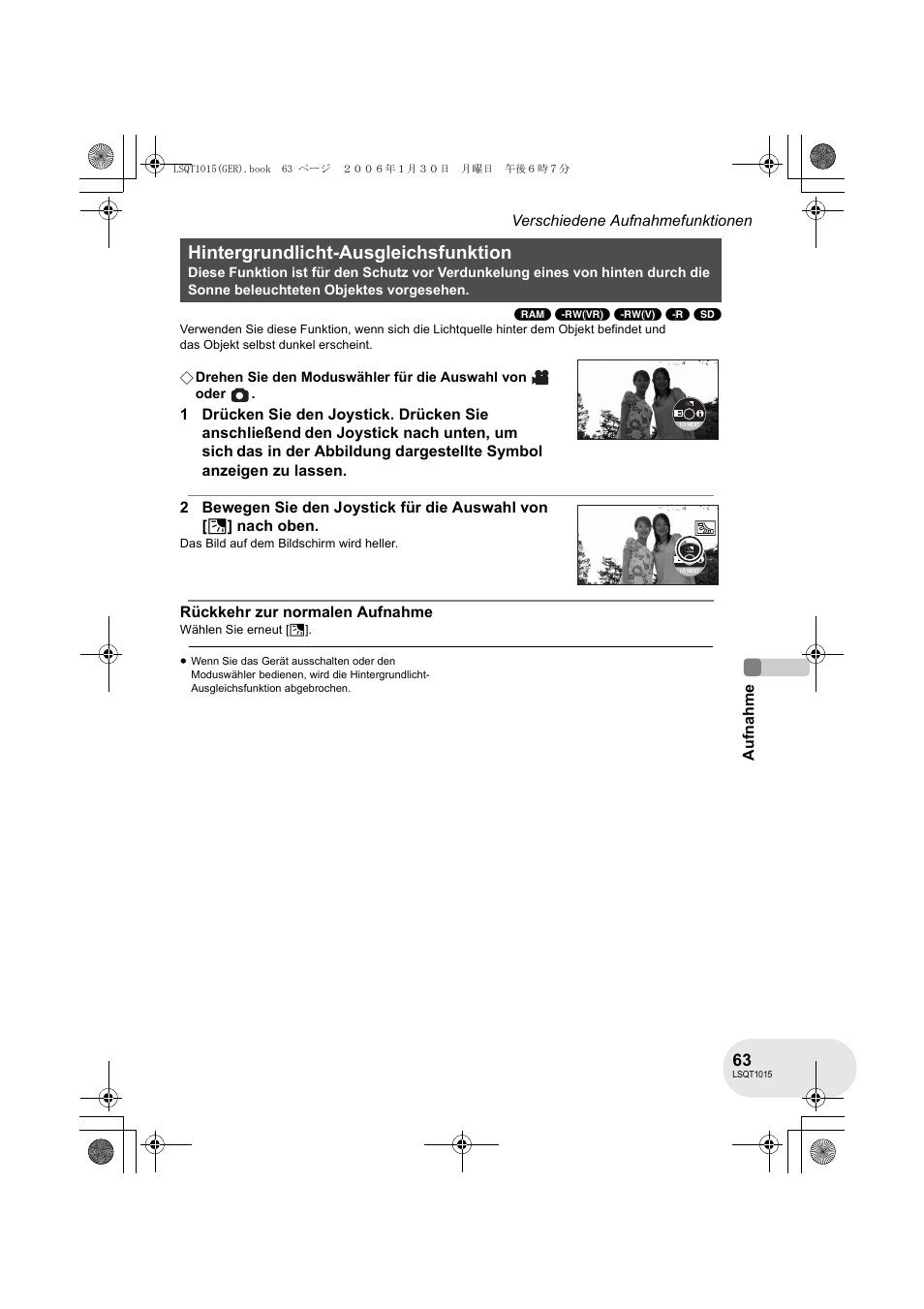 Hintergrundlicht-ausgleichsfunktion | Panasonic VDRD250EG User Manual | Page 63 / 336