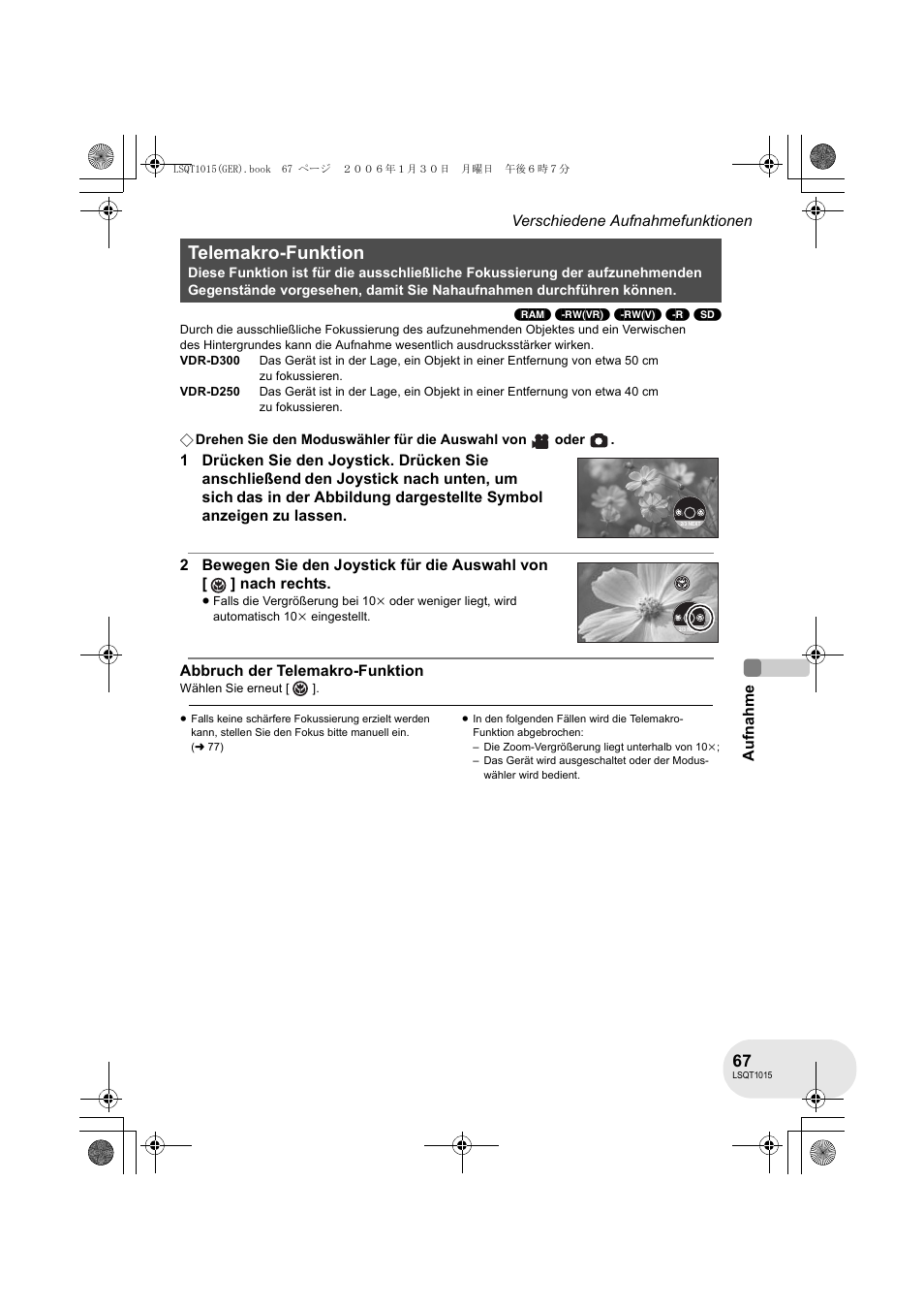 Telemakro-funktion | Panasonic VDRD250EG User Manual | Page 67 / 336