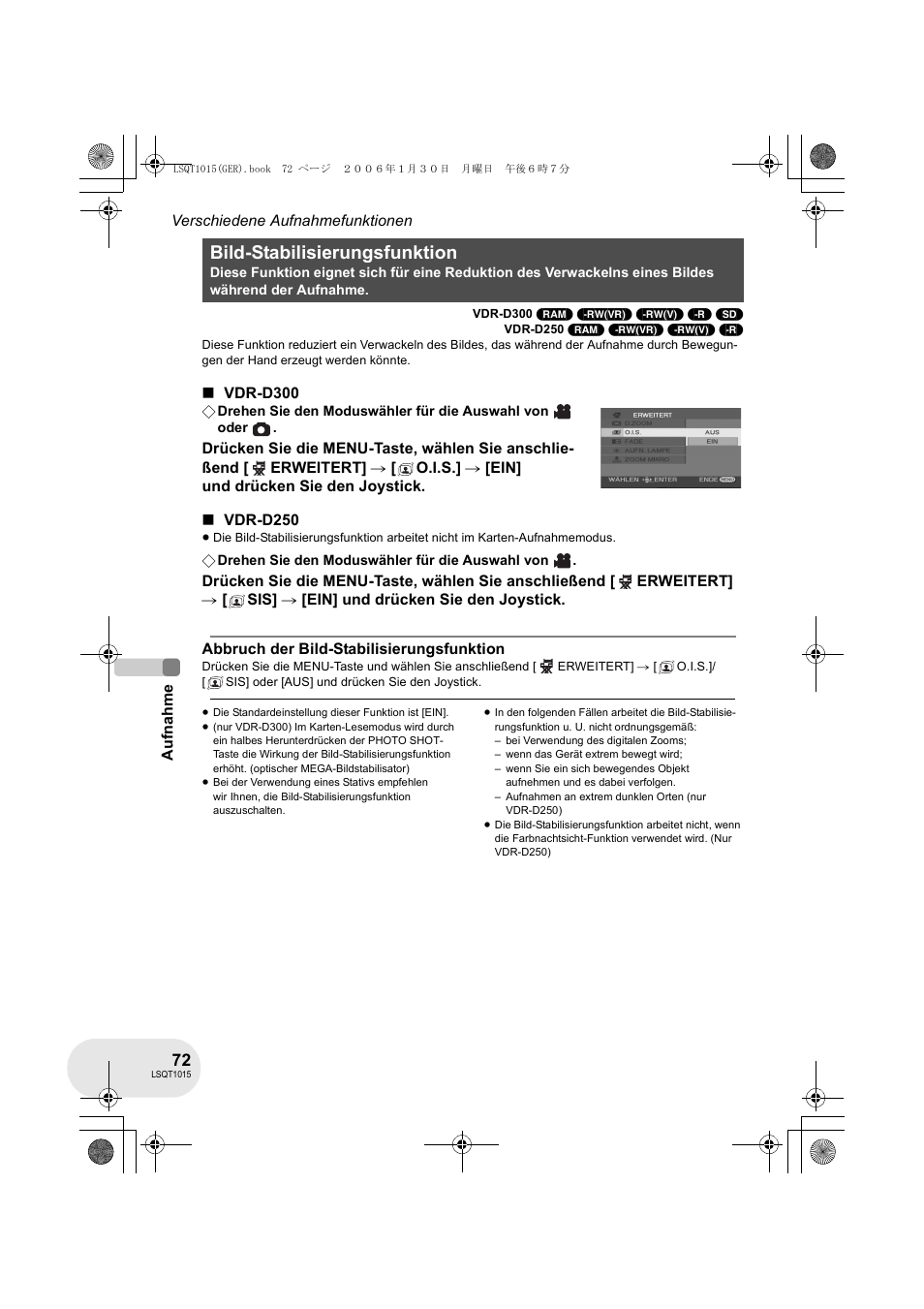 Bild-stabilisierungsfunktion | Panasonic VDRD250EG User Manual | Page 72 / 336