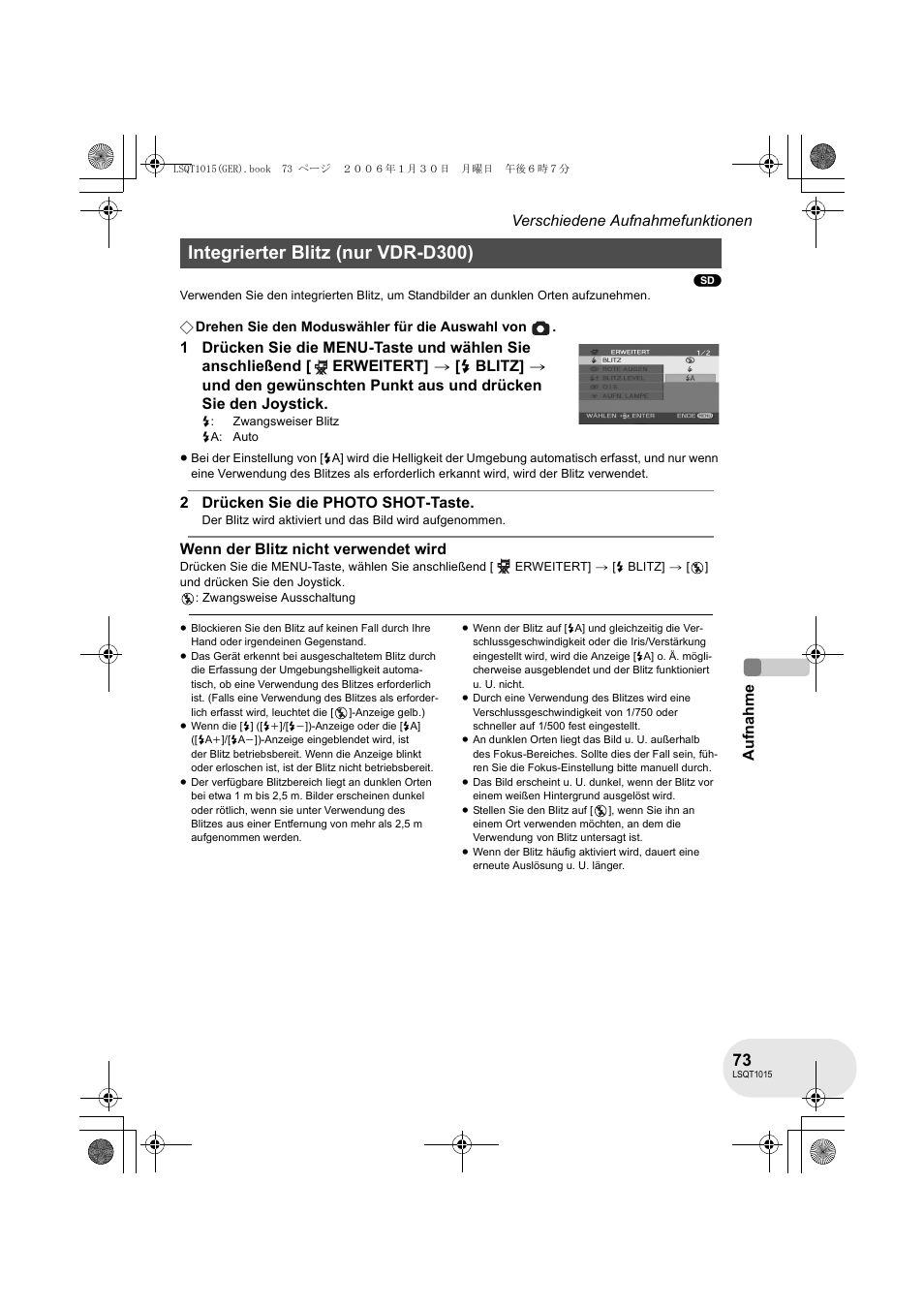 Integrierter blitz (nur vdr-d300) | Panasonic VDRD250EG User Manual | Page 73 / 336