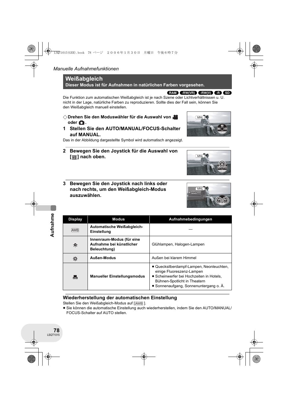 Weißabgleich | Panasonic VDRD250EG User Manual | Page 78 / 336