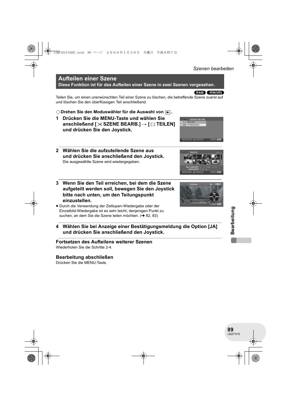 Aufteilen einer szene | Panasonic VDRD250EG User Manual | Page 89 / 336