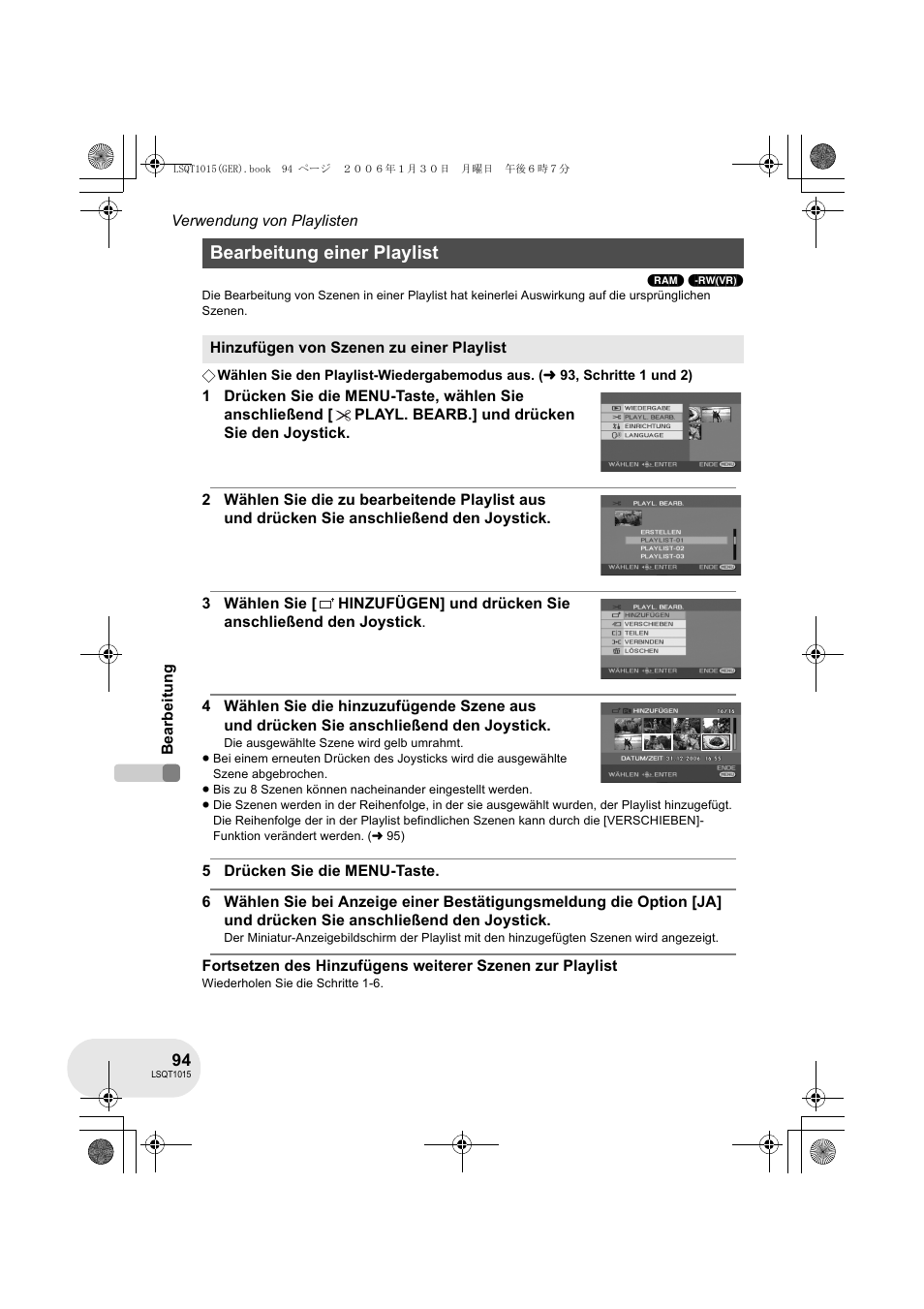 Bearbeitung einer playlist | Panasonic VDRD250EG User Manual | Page 94 / 336