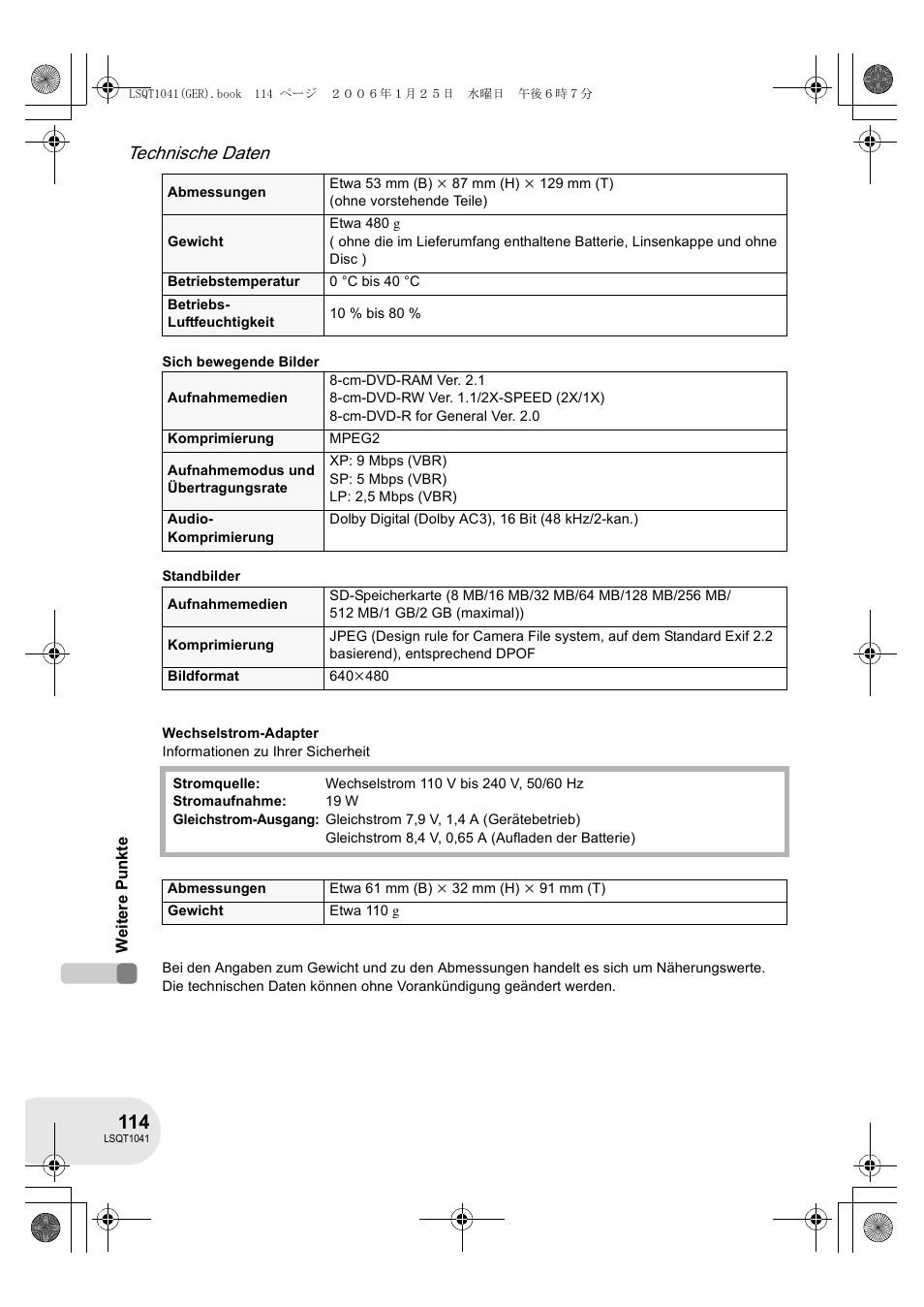 Technische daten | Panasonic VDRD152EG User Manual | Page 114 / 232