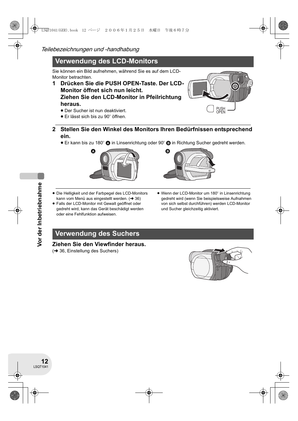 Verwendung des lcd-monitors, Verwendung des suchers | Panasonic VDRD152EG User Manual | Page 12 / 232