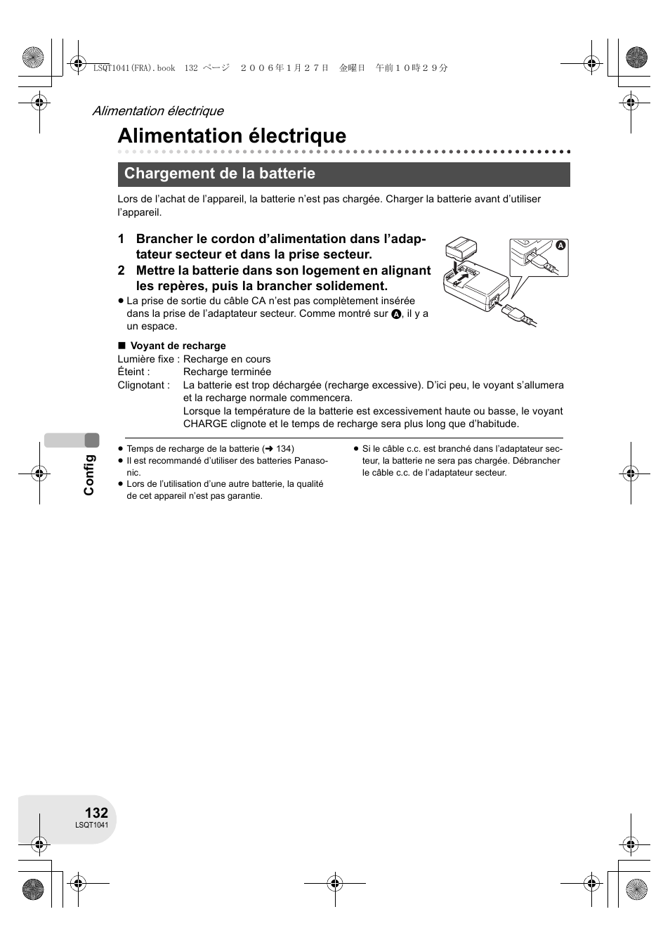 Chargement de la batterie, Alimentation électrique | Panasonic VDRD152EG User Manual | Page 132 / 232