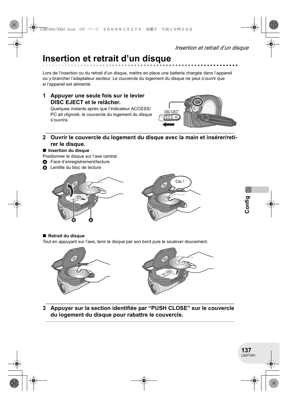 Insertion et retrait d’un disque | Panasonic VDRD152EG User Manual | Page 137 / 232
