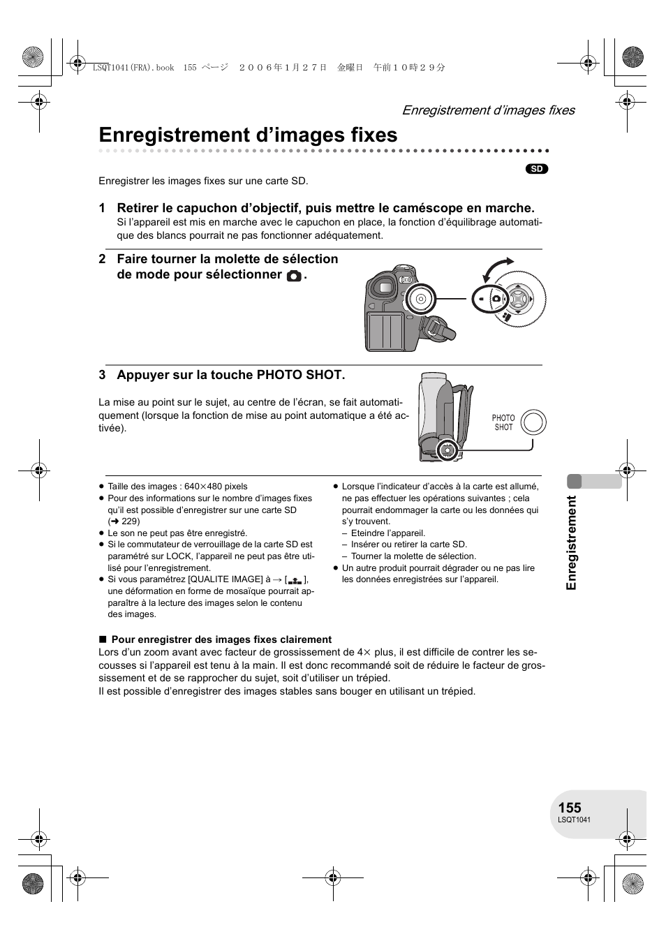 Enregistrement d’images fixes | Panasonic VDRD152EG User Manual | Page 155 / 232