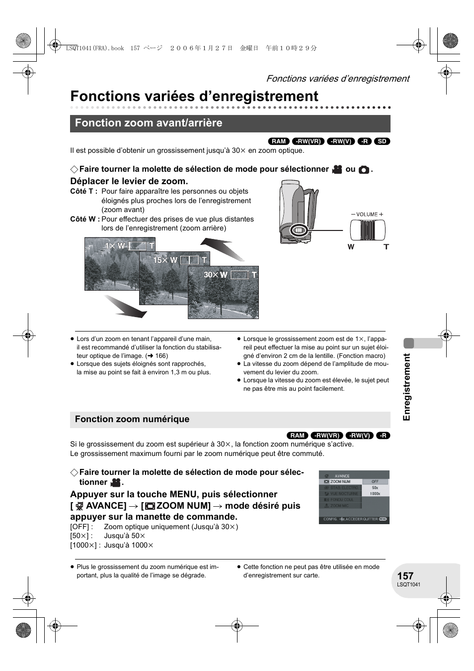 Fonction zoom avant/arrière, Fonctions variées d’enregistrement | Panasonic VDRD152EG User Manual | Page 157 / 232