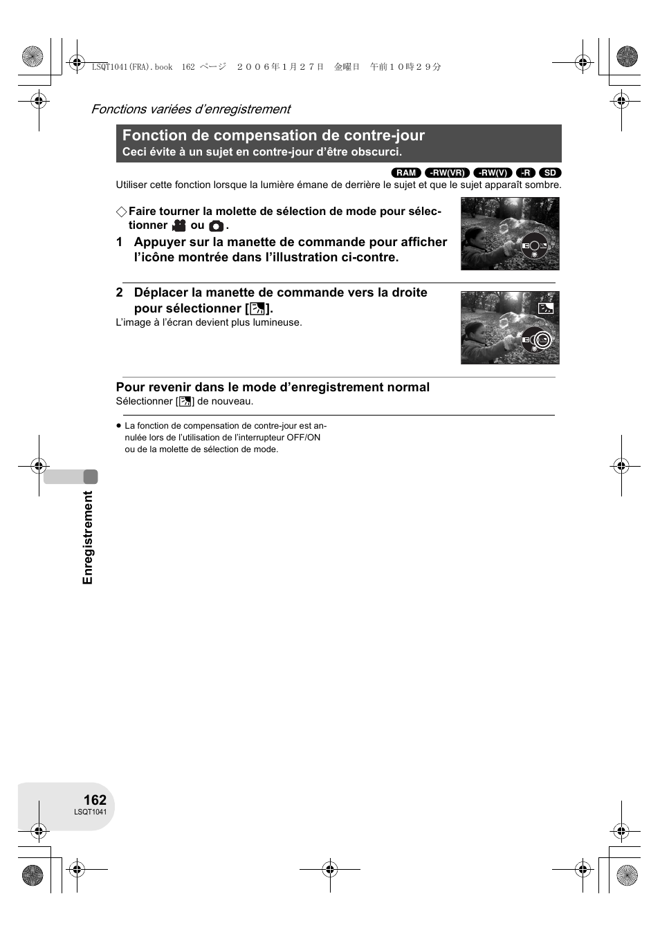 Fonction de compensation de contre-jour | Panasonic VDRD152EG User Manual | Page 162 / 232