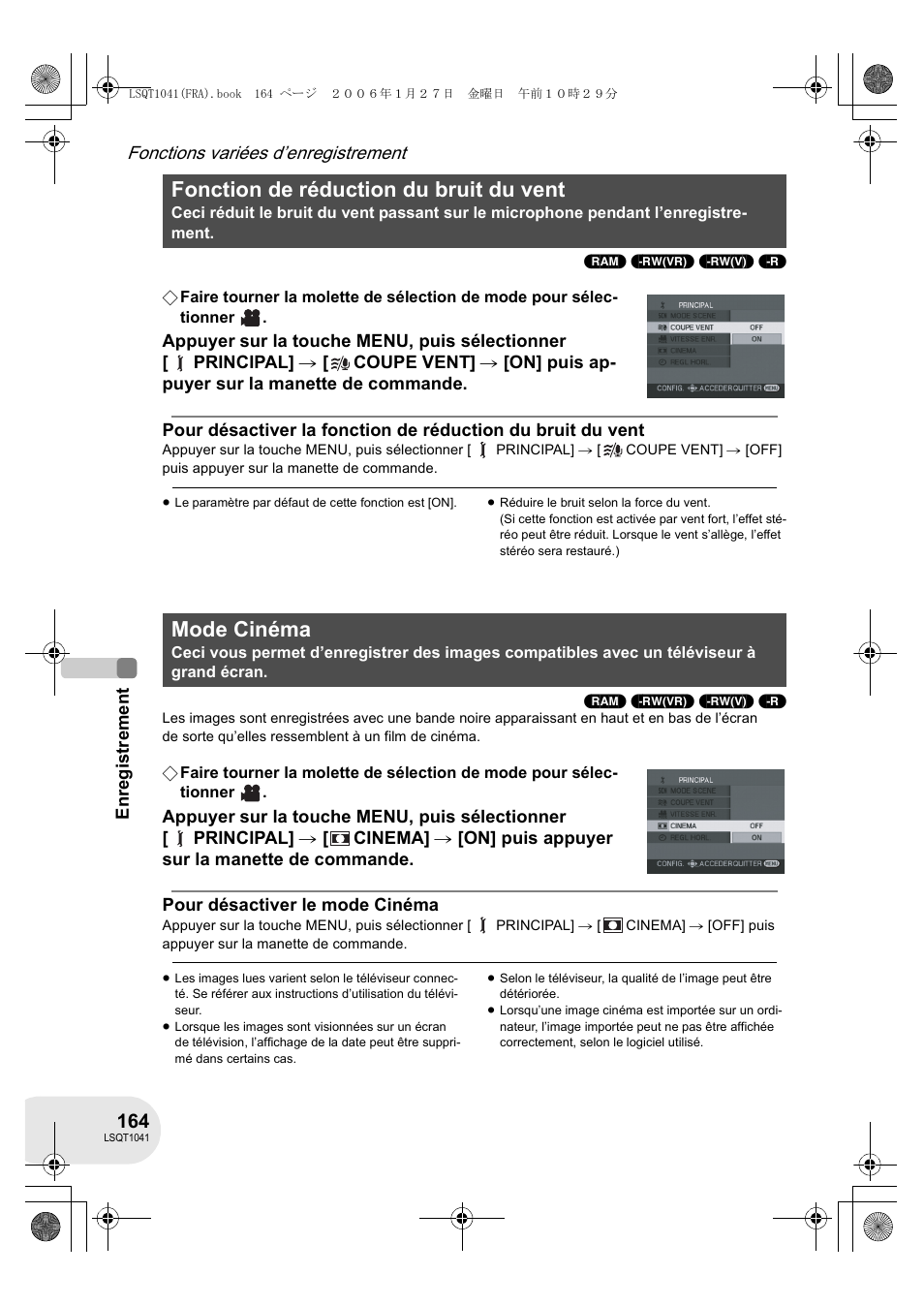 Fonction de réduction du bruit du vent, Mode cinéma | Panasonic VDRD152EG User Manual | Page 164 / 232