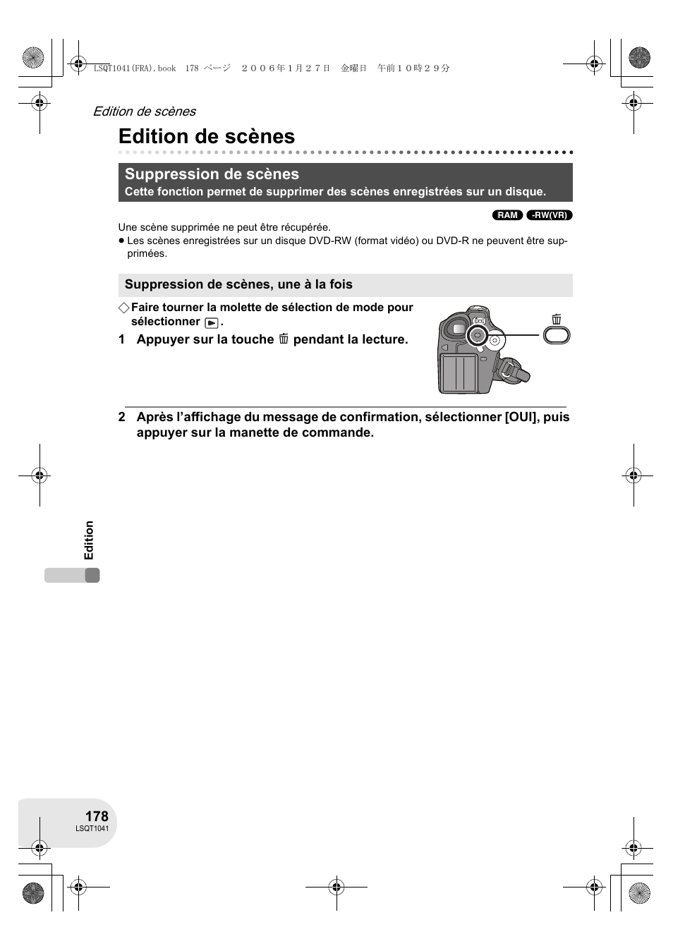 Edition de scènes, Suppression de scènes | Panasonic VDRD152EG User Manual | Page 178 / 232