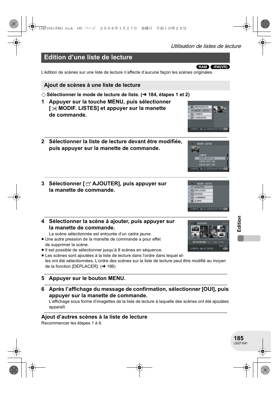 Edition d’une liste de lecture | Panasonic VDRD152EG User Manual | Page 185 / 232