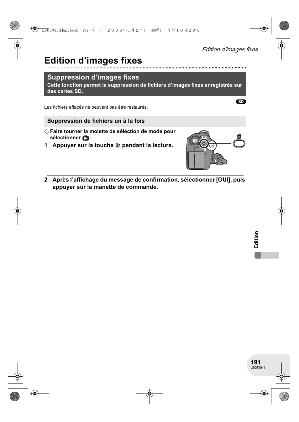 Edition d’images fixes, Suppression d’images fixes | Panasonic VDRD152EG User Manual | Page 191 / 232