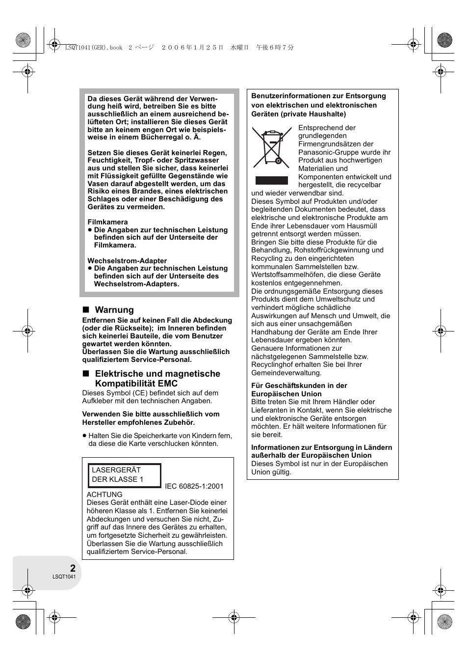Warnung, Elektrische und magnetische kompatibilität emc | Panasonic VDRD152EG User Manual | Page 2 / 232