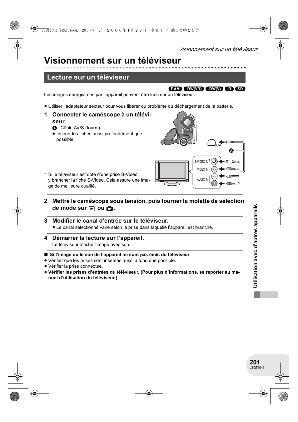 Visionnement sur un téléviseur, Lecture sur un téléviseur | Panasonic VDRD152EG User Manual | Page 201 / 232