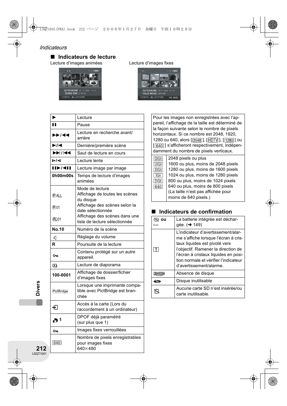 Indicateurs | Panasonic VDRD152EG User Manual | Page 212 / 232