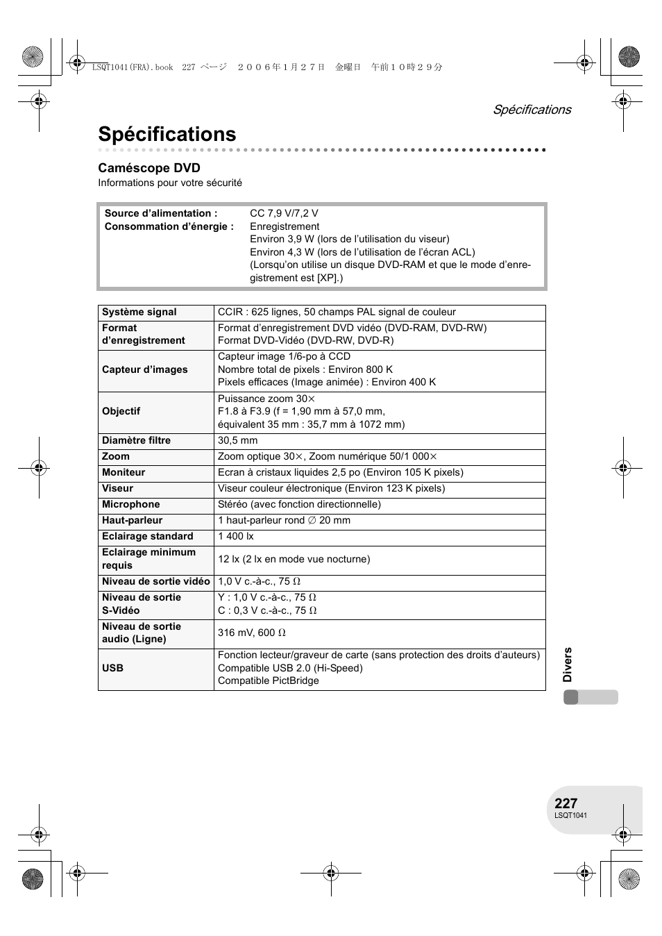 Spécifications | Panasonic VDRD152EG User Manual | Page 227 / 232