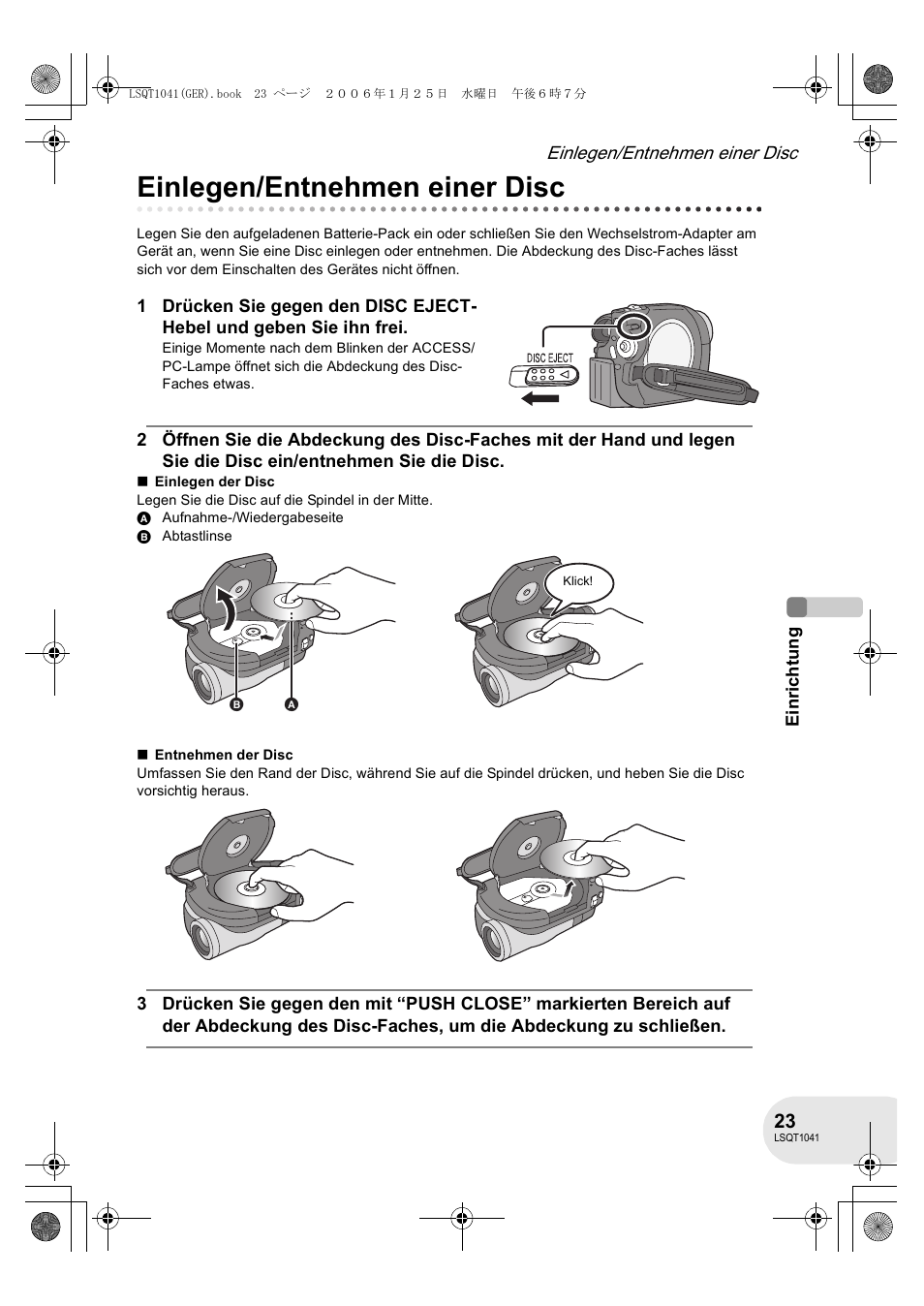 Einlegen/entnehmen einer disc | Panasonic VDRD152EG User Manual | Page 23 / 232