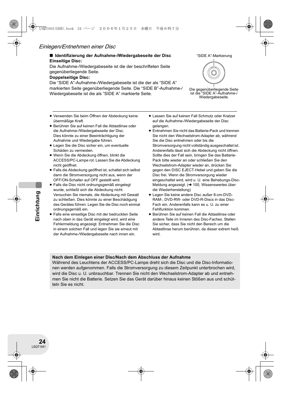 Einlegen/entnehmen einer disc, Ein ric htung | Panasonic VDRD152EG User Manual | Page 24 / 232