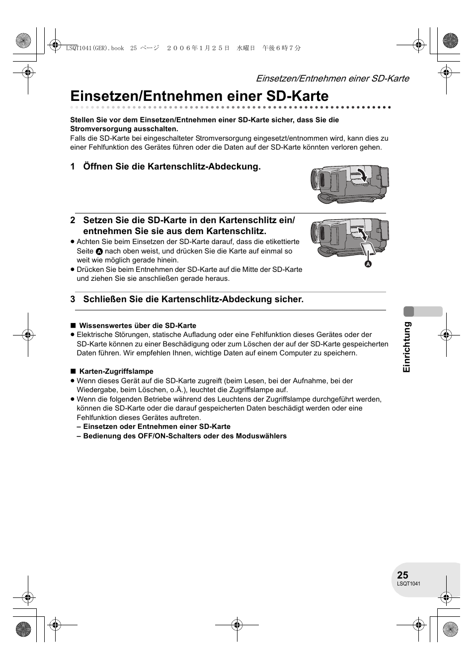 Einsetzen/entnehmen einer sd-karte | Panasonic VDRD152EG User Manual | Page 25 / 232