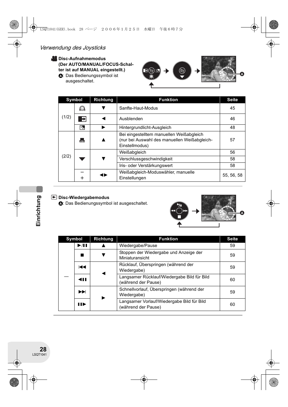 Verwendung des joysticks, Ein ric htung | Panasonic VDRD152EG User Manual | Page 28 / 232