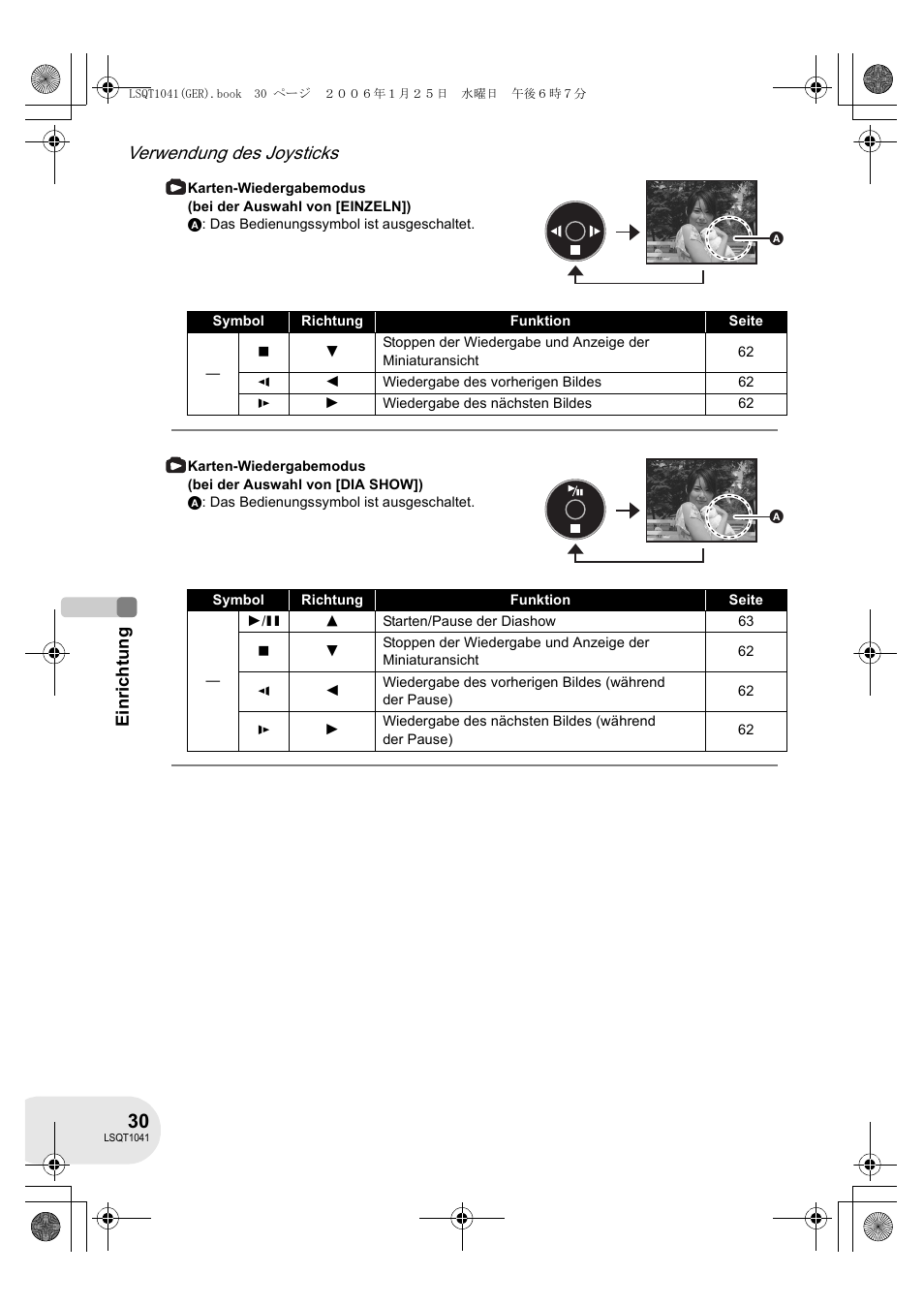 Verwendung des joysticks, Ein ric htung | Panasonic VDRD152EG User Manual | Page 30 / 232