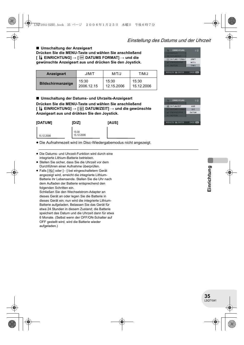 Einstellung des datums und der uhrzeit, Ein ric htung | Panasonic VDRD152EG User Manual | Page 35 / 232