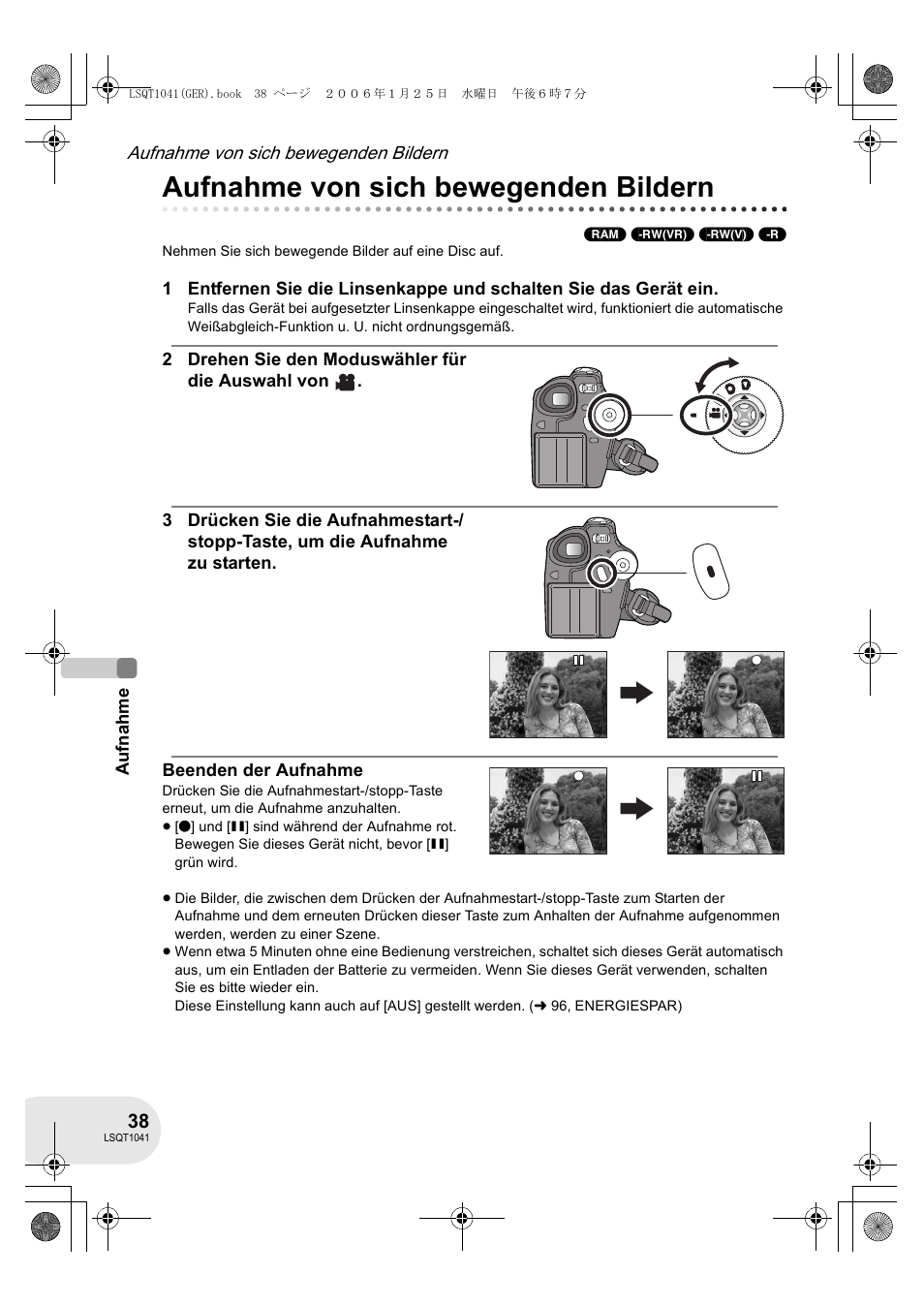 Aufnahme von sich bewegenden bildern | Panasonic VDRD152EG User Manual | Page 38 / 232