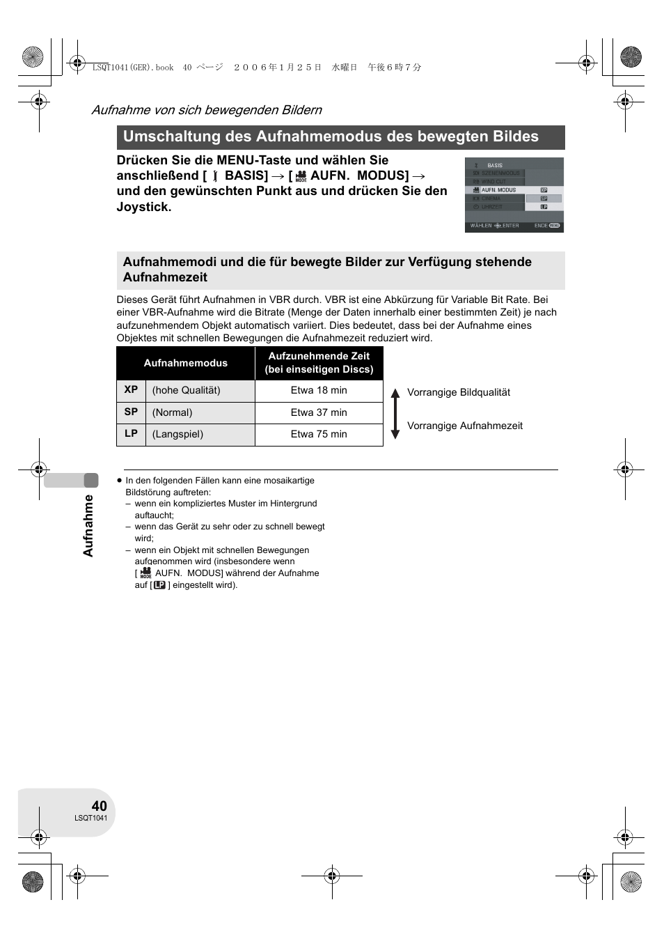 Aufnahme von sich bewegenden bildern, Aufnahme | Panasonic VDRD152EG User Manual | Page 40 / 232