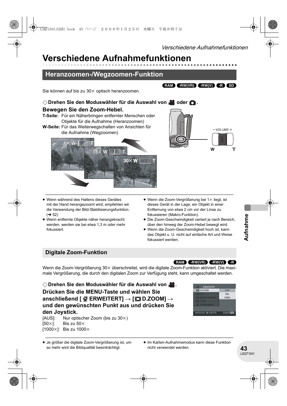 Heranzoomen-/wegzoomen-funktion, Verschiedene aufnahmefunktionen | Panasonic VDRD152EG User Manual | Page 43 / 232
