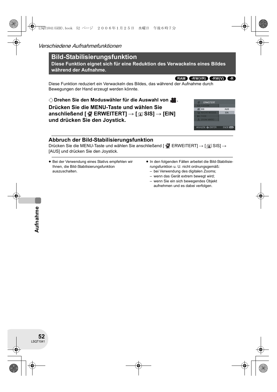 Bild-stabilisierungsfunktion, Verschiedene aufnahmefunktionen | Panasonic VDRD152EG User Manual | Page 52 / 232