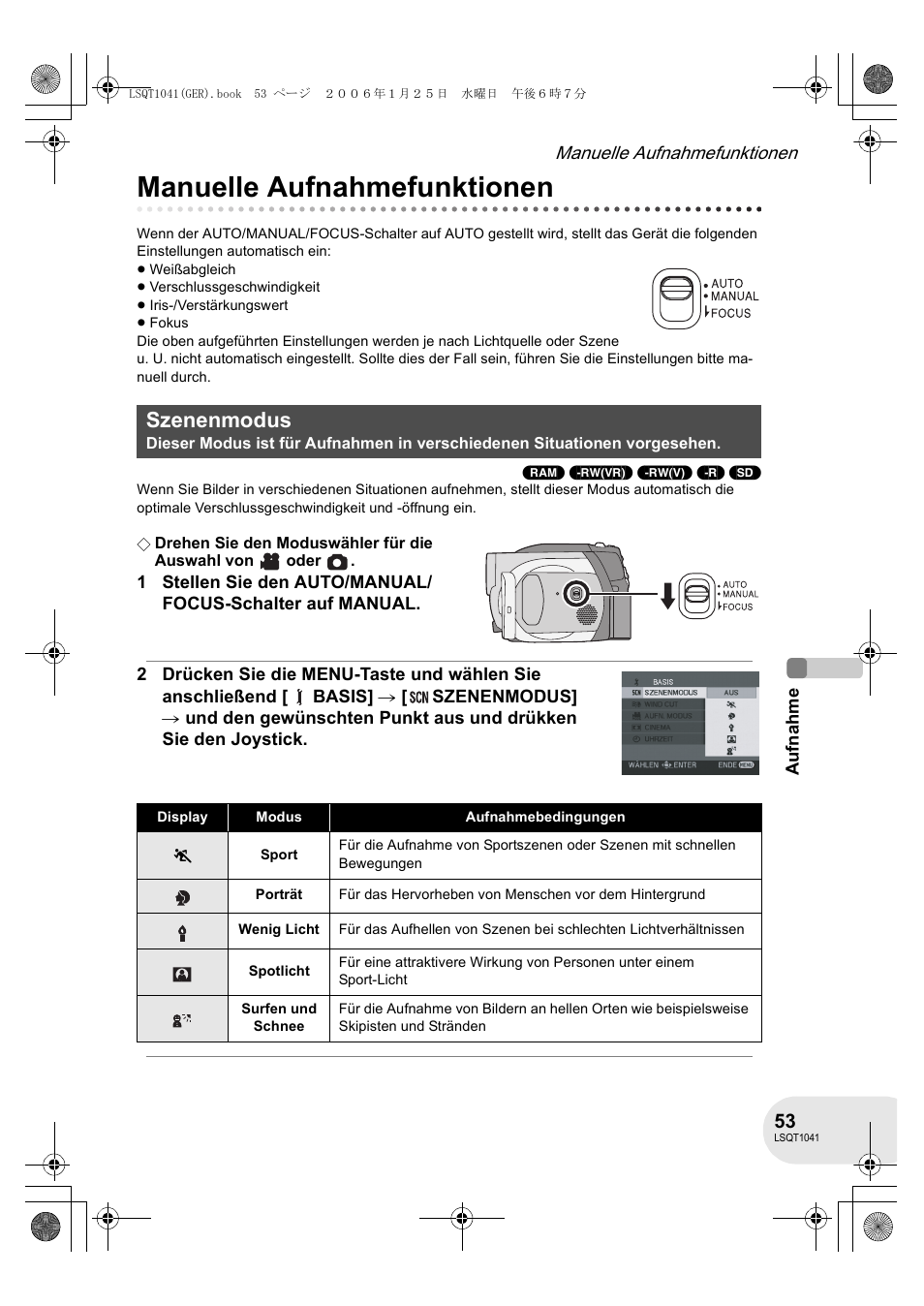 Manuelle aufnahmefunktionen, Szenenmodus | Panasonic VDRD152EG User Manual | Page 53 / 232