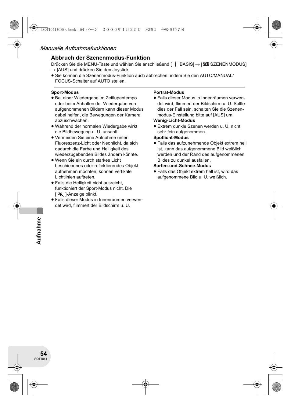 Manuelle aufnahmefunktionen, Aufnahme, Abbruch der szenenmodus-funktion | Panasonic VDRD152EG User Manual | Page 54 / 232