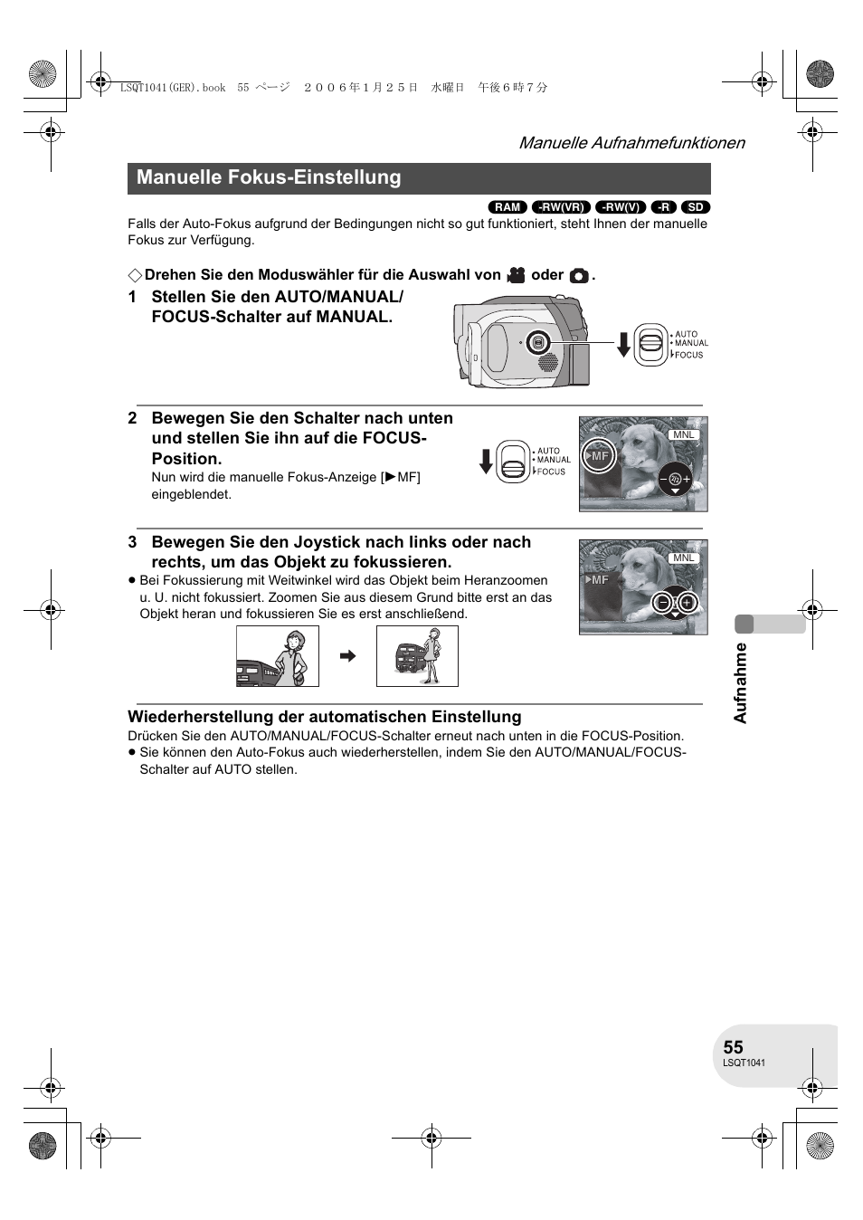 Manuelle fokus-einstellung | Panasonic VDRD152EG User Manual | Page 55 / 232
