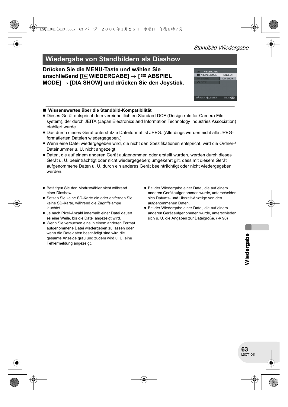 Wiedergabe von standbildern als diashow, Standbild-wiedergabe | Panasonic VDRD152EG User Manual | Page 63 / 232