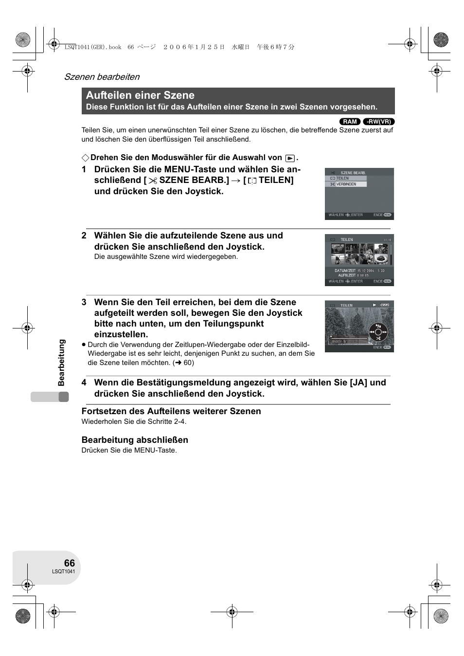 Aufteilen einer szene | Panasonic VDRD152EG User Manual | Page 66 / 232