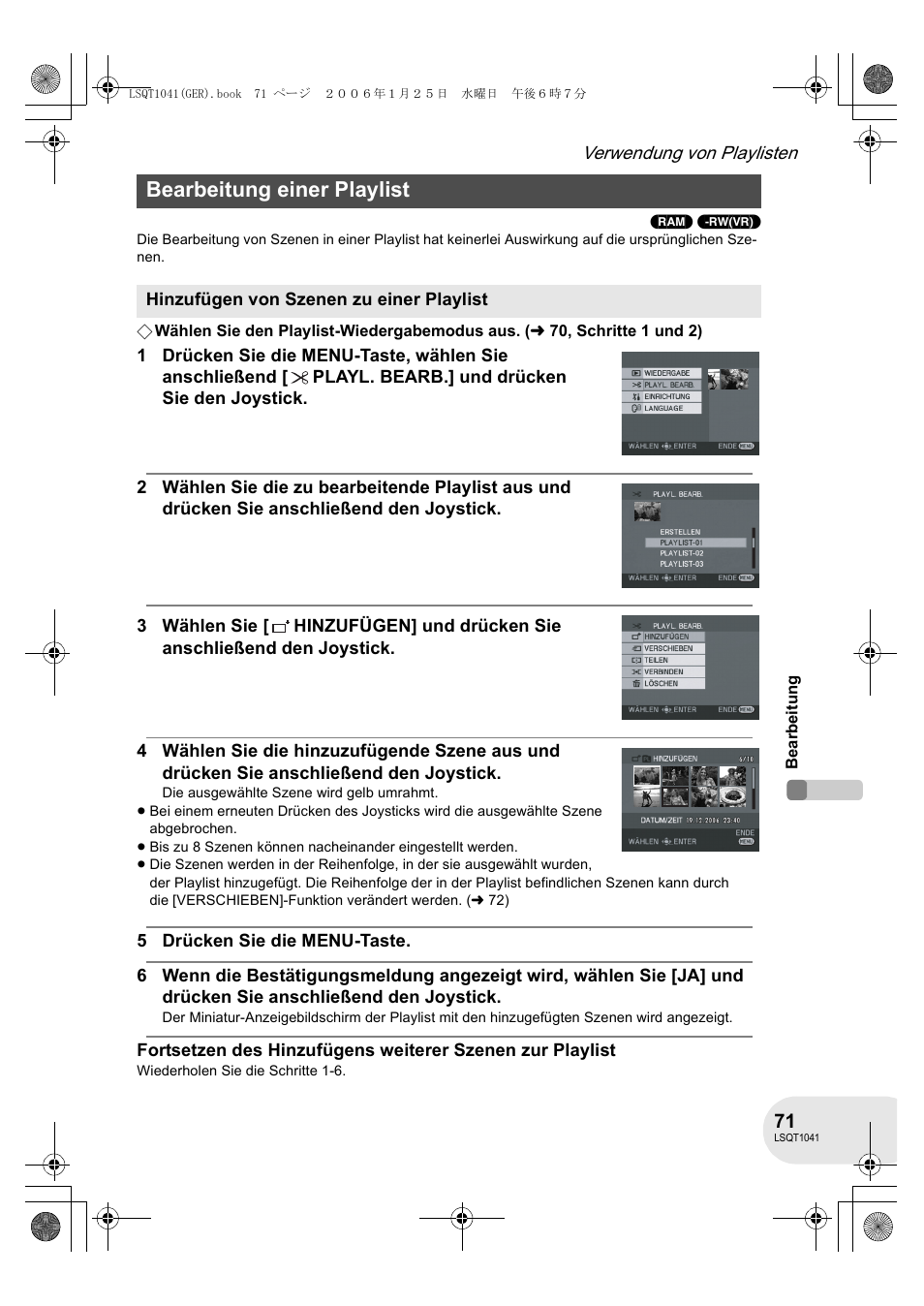 Bearbeitung einer playlist | Panasonic VDRD152EG User Manual | Page 71 / 232