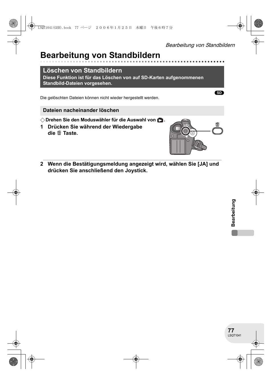 Bearbeitung von standbildern, Löschen von standbildern | Panasonic VDRD152EG User Manual | Page 77 / 232