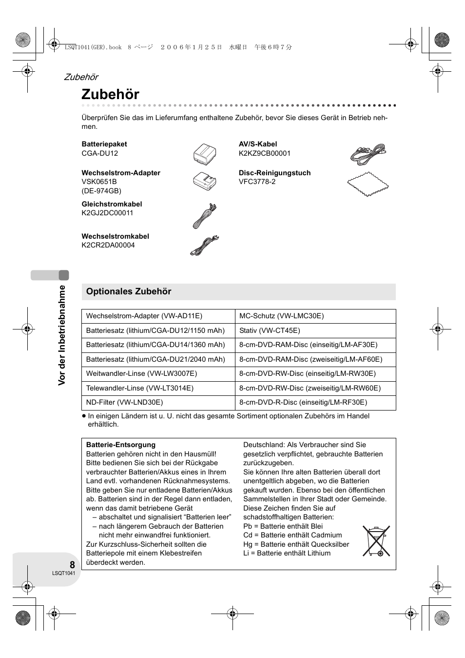 Zubehör | Panasonic VDRD152EG User Manual | Page 8 / 232