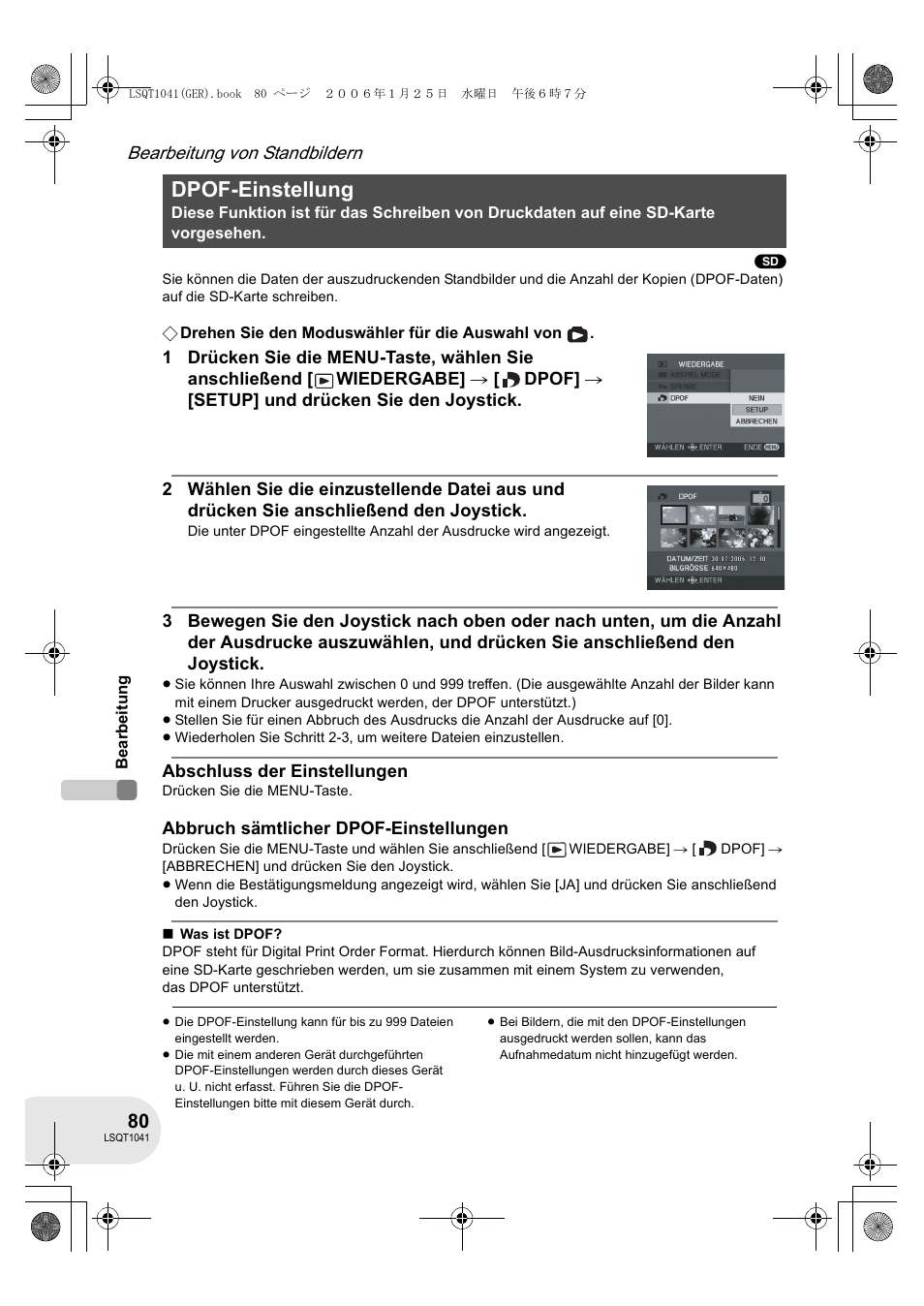 Dpof-einstellung, Bearbeitung von standbildern | Panasonic VDRD152EG User Manual | Page 80 / 232