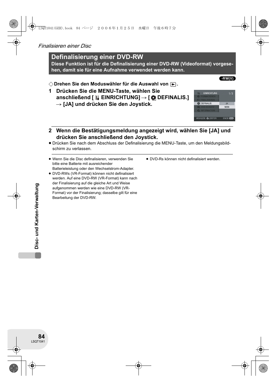 Definalisierung einer dvd-rw | Panasonic VDRD152EG User Manual | Page 84 / 232