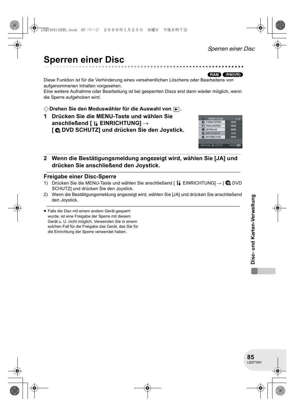 Sperren einer disc | Panasonic VDRD152EG User Manual | Page 85 / 232