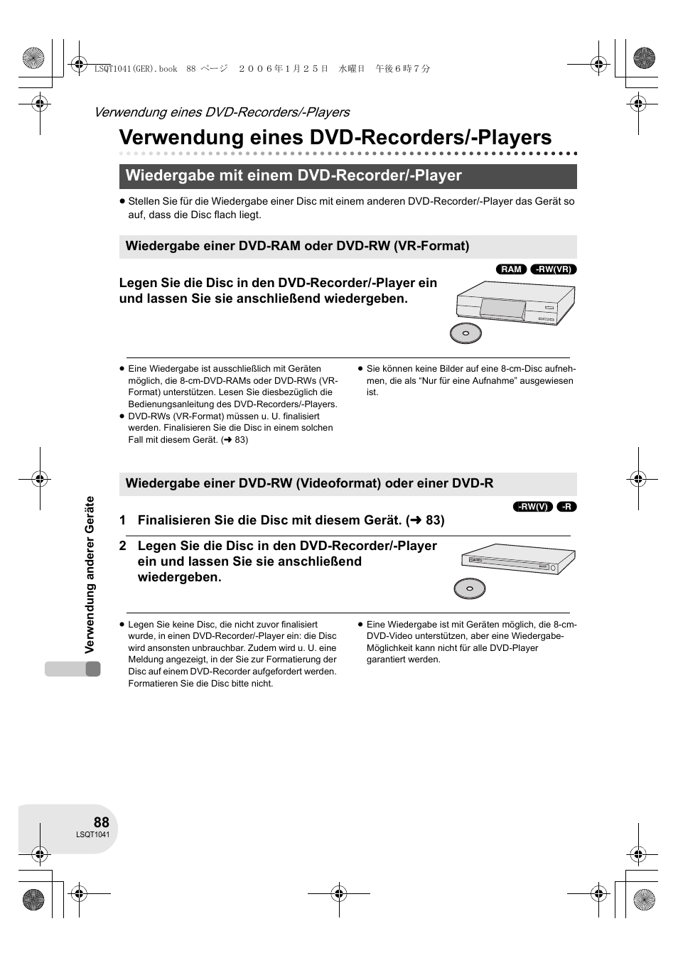 Wiedergabe mit einem dvd-recorder/-player, Verwendung eines dvd-recorders/-players | Panasonic VDRD152EG User Manual | Page 88 / 232