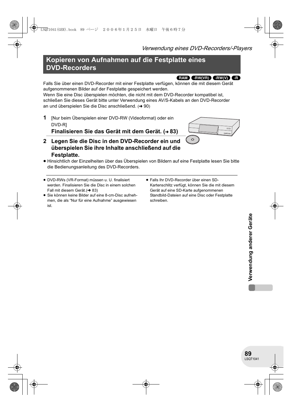 Verwendung eines dvd-recorders/-players | Panasonic VDRD152EG User Manual | Page 89 / 232